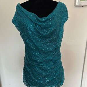 Ann Taylor Blue Sequin Ruched Cap Sleeve Blouse